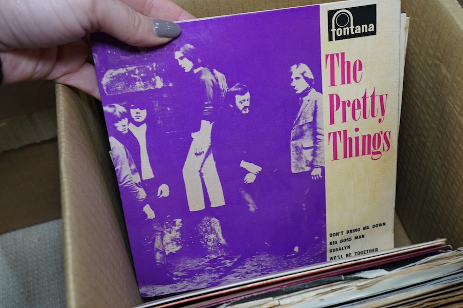 Three boxes of 7 inch singles, on various record labels including; Columbia, Decca, CBS, Phillips, etc., artists include; Helen Shapiro Frank Sinatra, Cliff Richard, the Tornadoes, the Searchers, Simon & Garfunkel, the E